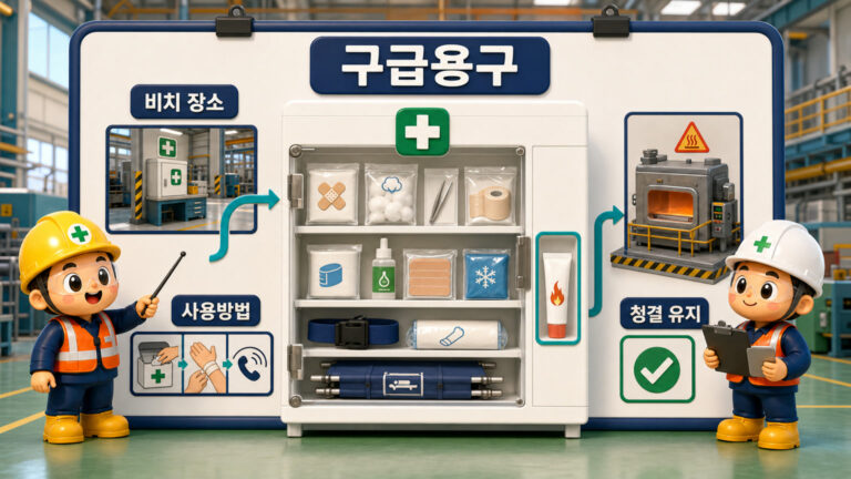 구급용구: 법정 응급처치 용품을 보이는 곳에 갖추고 장소·사용방법 안내와 청결 관리를 확인하는 모습