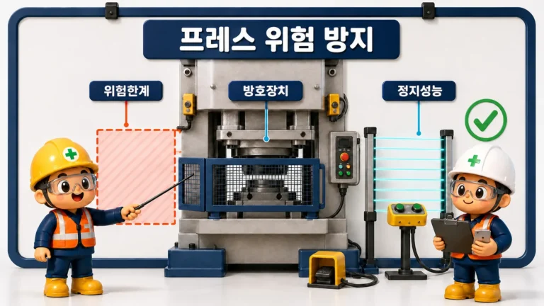 프레스 방호장치로 위험한계 접근을 막고 정지성능을 확인하는 제103조 프레스 위험 방지 장면