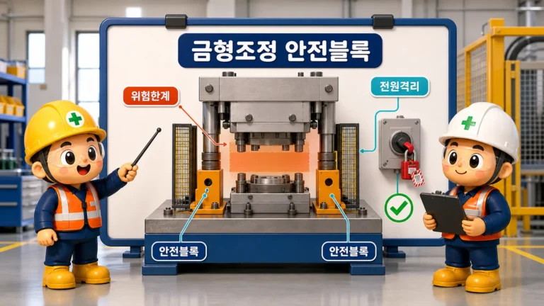 금형조정 안전블록으로 프레스 슬라이드 불시하강을 막고 전원격리 상태를 확인하는 제104조 작업 장면