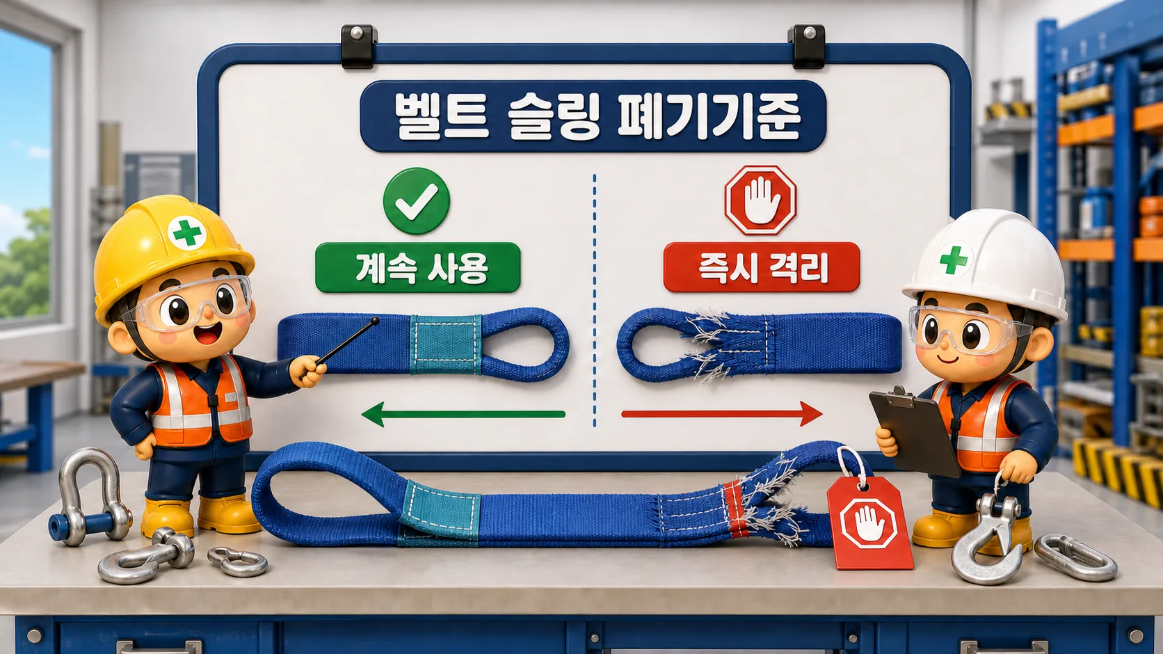 벨트 슬링 폐기기준에 따라 계속 사용과 즉시 격리를 구분하는 점검 장면