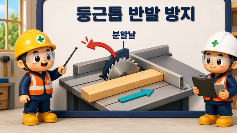 반발예방장치인 분할날이 둥근톱 뒤에서 절단 틈을 유지하고 작업자가 반발 경로를 피하는 제105조 작업 장면