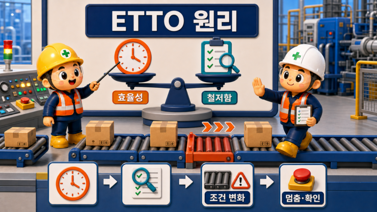 ETTO 원리 관점에서 납기 시계와 확인 목록 사이의 선택을 논의하는 제조 현장 작업자와 관리감독자