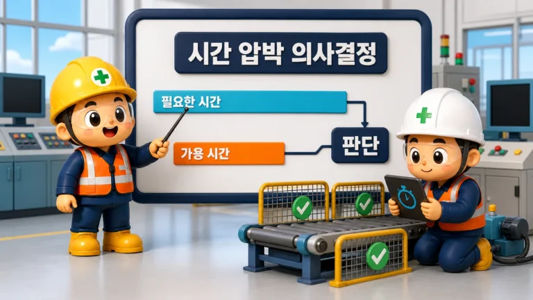 교대 제어실에서 경보 화면과 남은 시간을 함께 보며 시간 압박 의사결정을 조율하는 작업자와 관리감독자