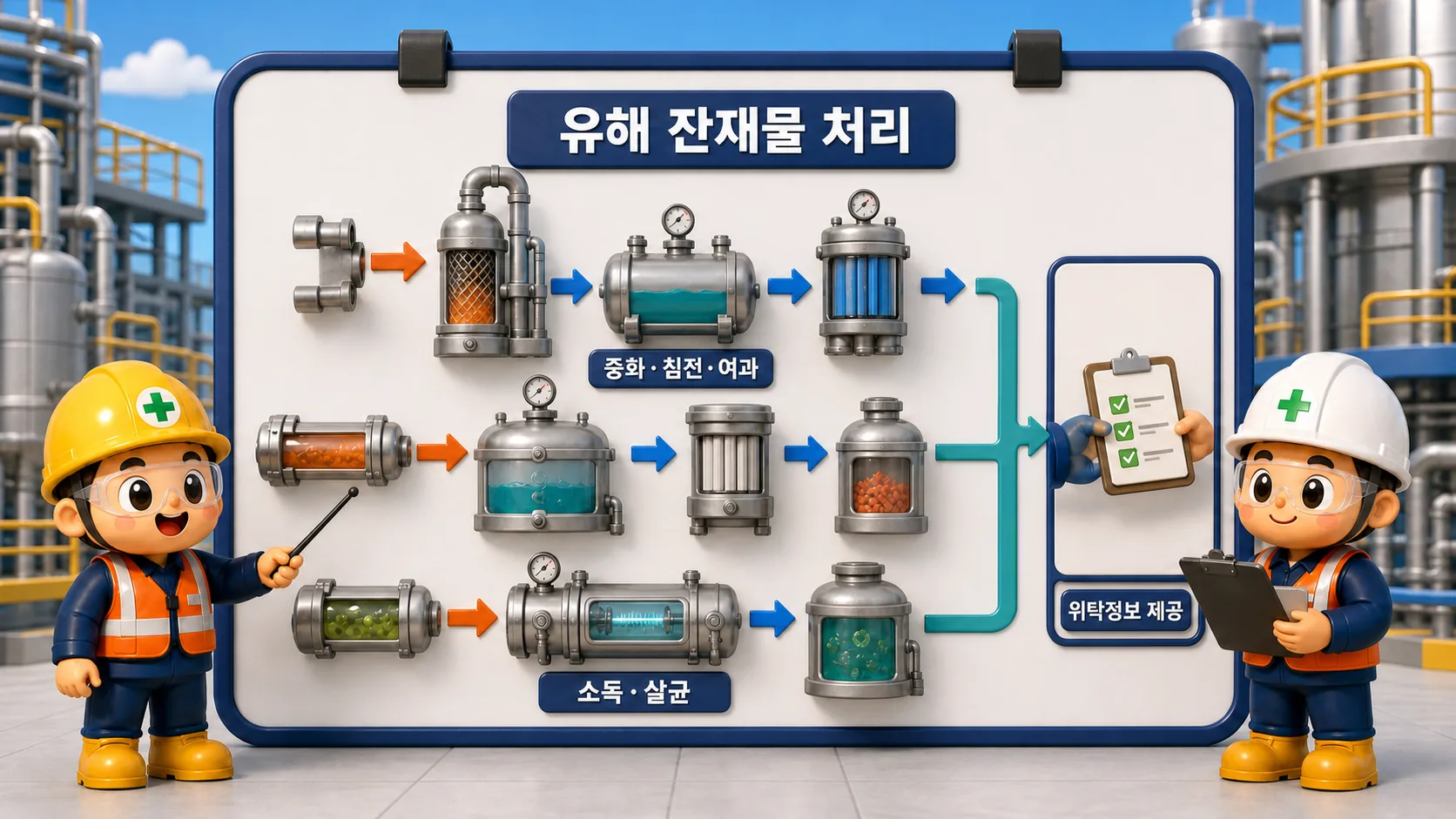 잔재물 처리 대상인 유해 기체·액체·잔재물과 병원체 오염물을 처리하고 위탁정보를 인계하는 제85조 관리 흐름