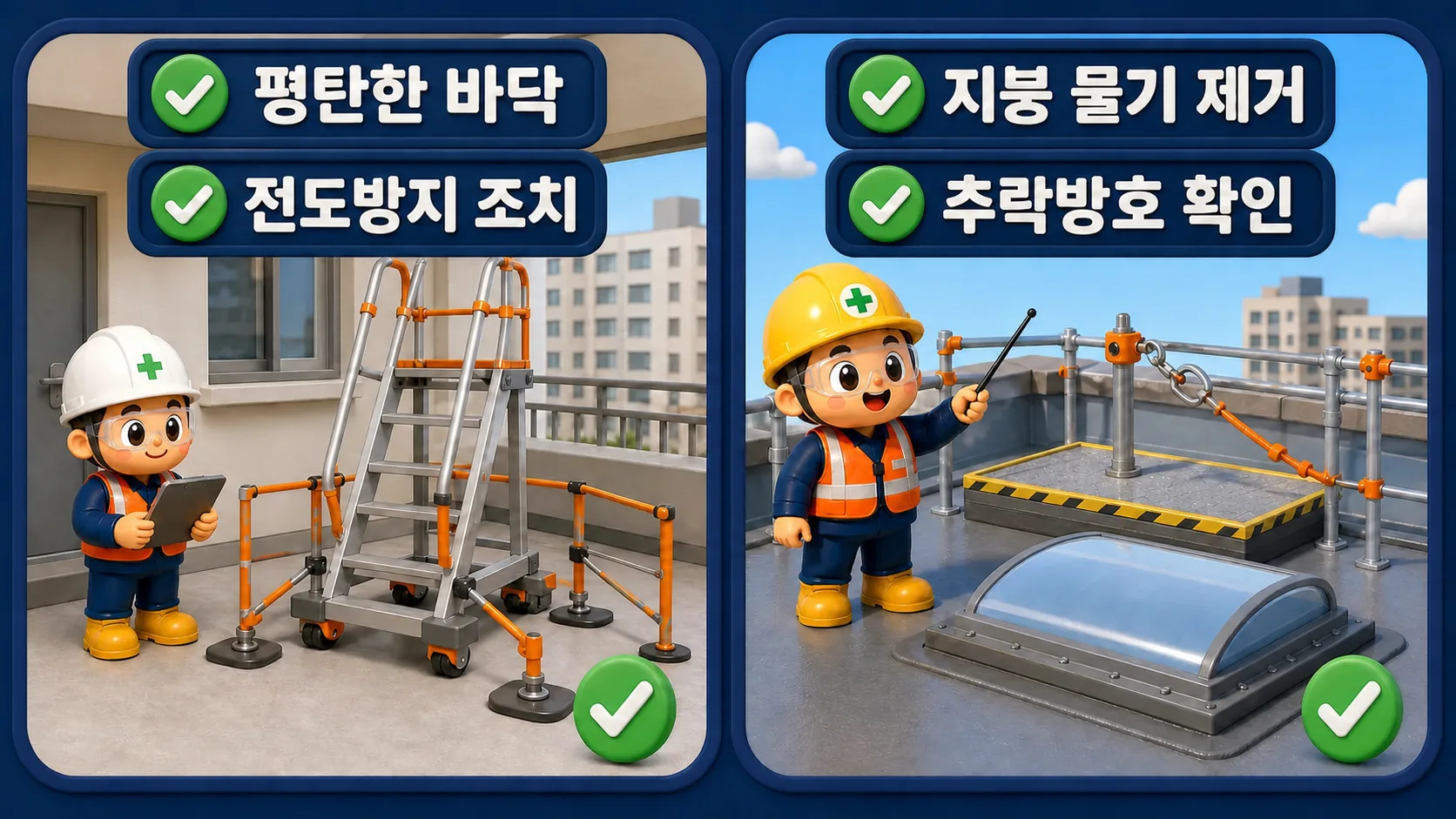 이동식 사다리 대신 고지가위와 작업발판을 우선 선택하고 지붕 물기와 가장자리를 통제하는 개선 장면