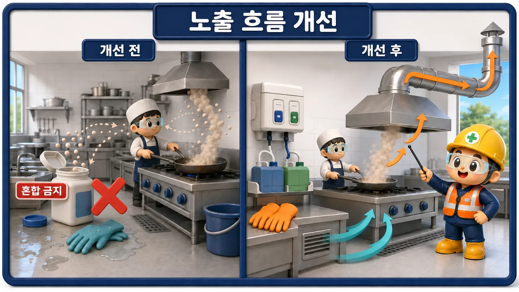 세척제 혼합과 젖은 손, 포집되지 않는 조리흄을 분리 공급과 피부 보호, 정상 환기로 개선하는 비교 장면