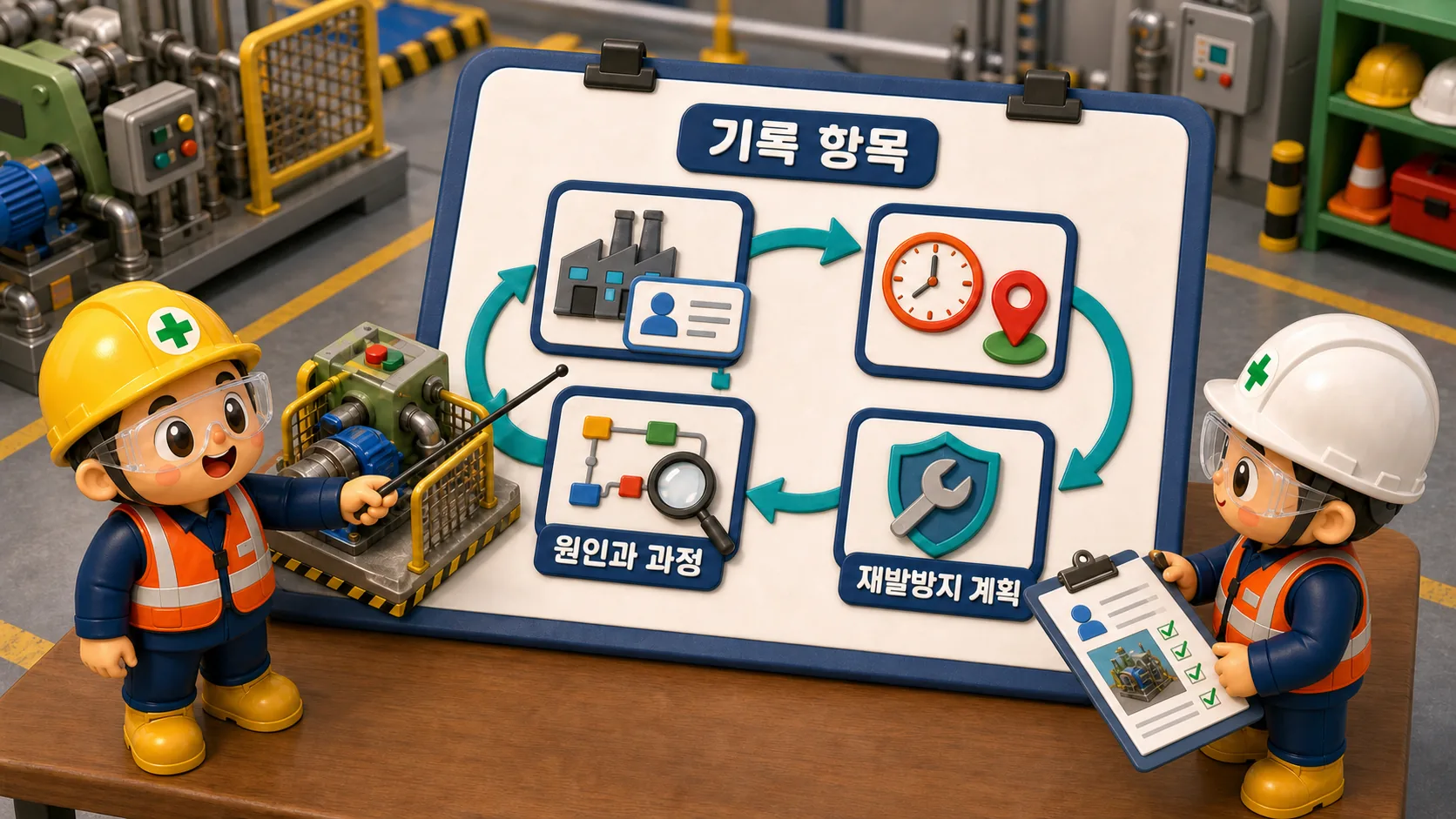 산업재해 기록과 보고에서 사업장·재해자 정보, 일시·장소, 원인·과정과 재발방지 계획을 한 묶음으로 점검하는 장면
