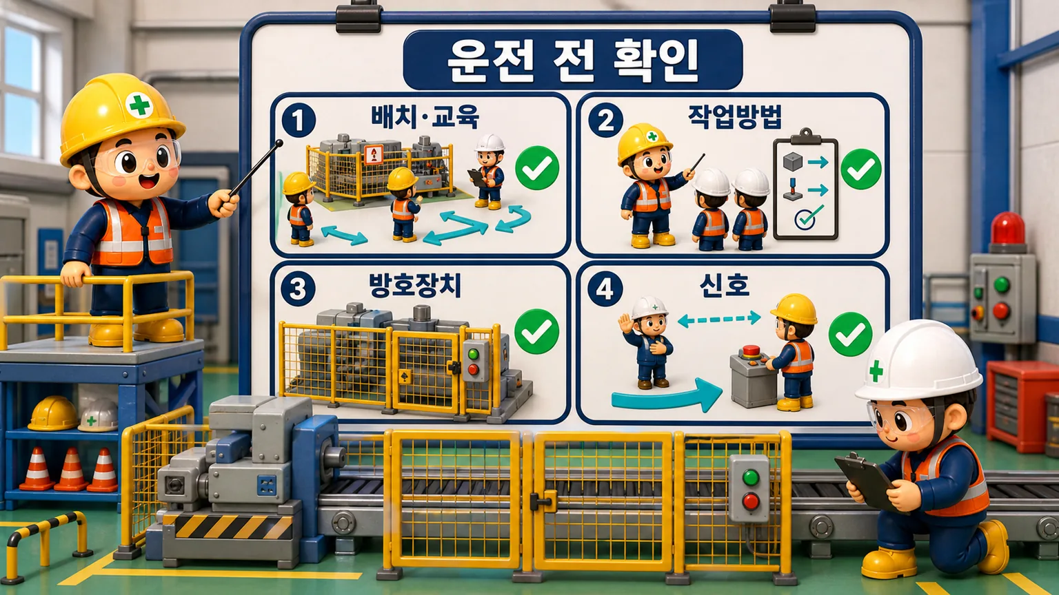 운전 전 확인에서 배치·교육, 작업방법, 방호장치와 신호를 차례로 확인하는 흐름