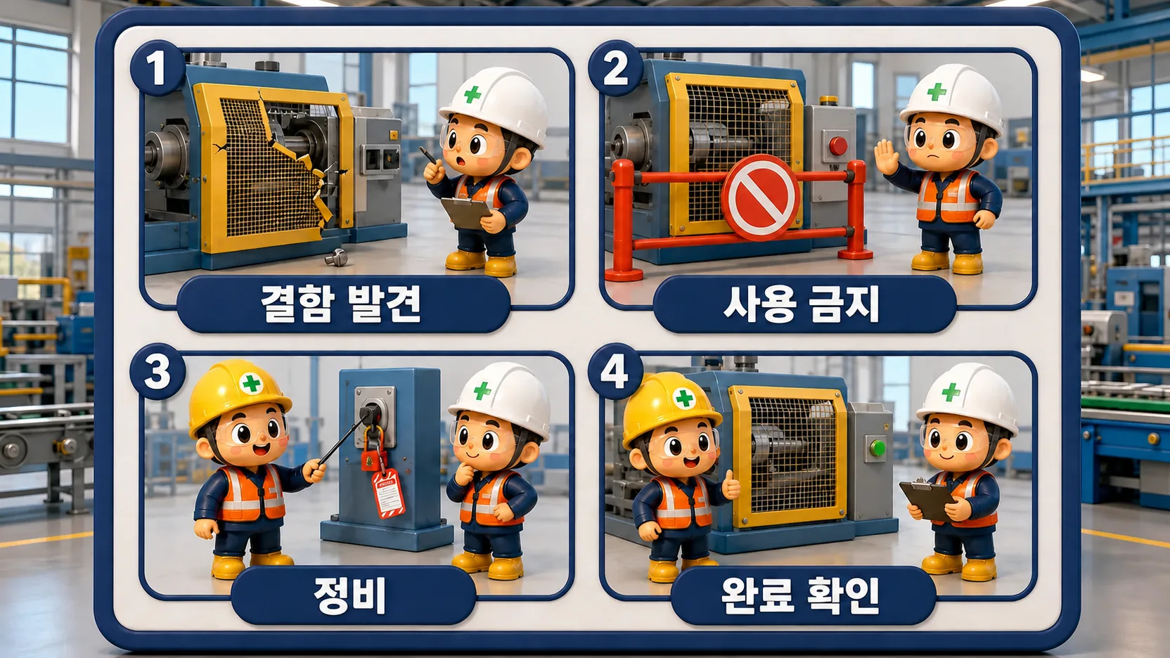고장 기계 정비를 결함 발견, 사용금지, 정비, 완료 확인 순서로 통제하는 흐름