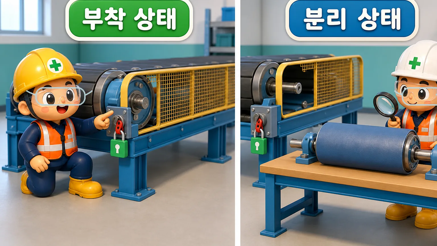부착 상태의 완성품과 분리 상태의 부품을 비교해 기인물을 고르는 장면