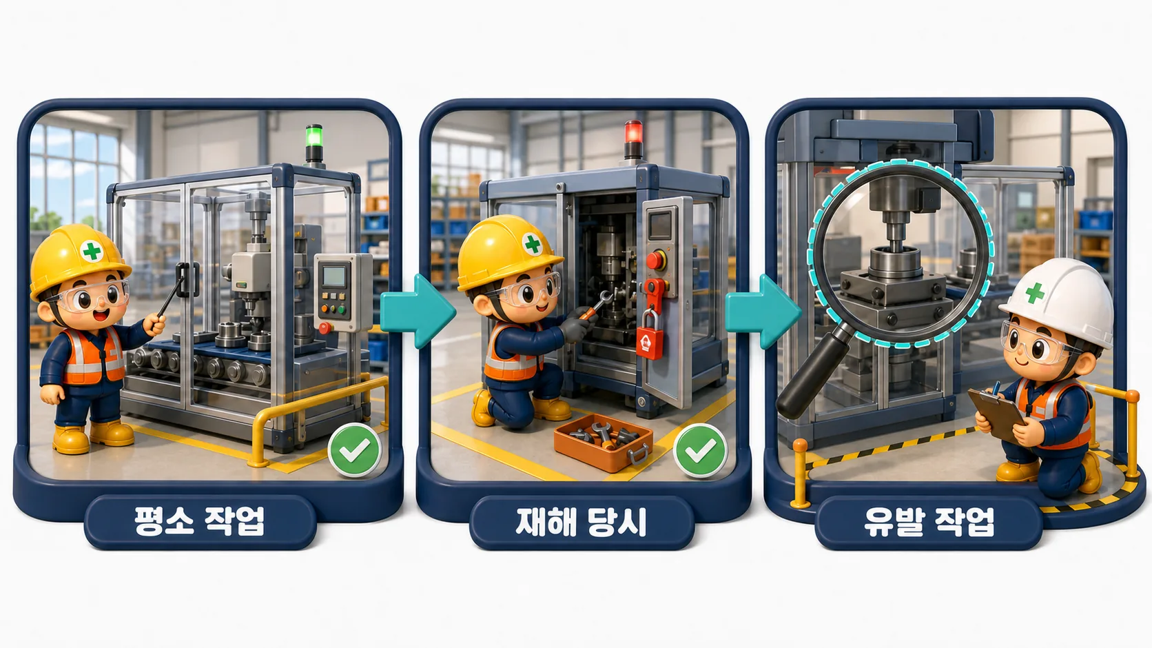 평소 작업과 재해 당시 작업 및 재해 유발 작업을 시간순으로 구분하는 장면