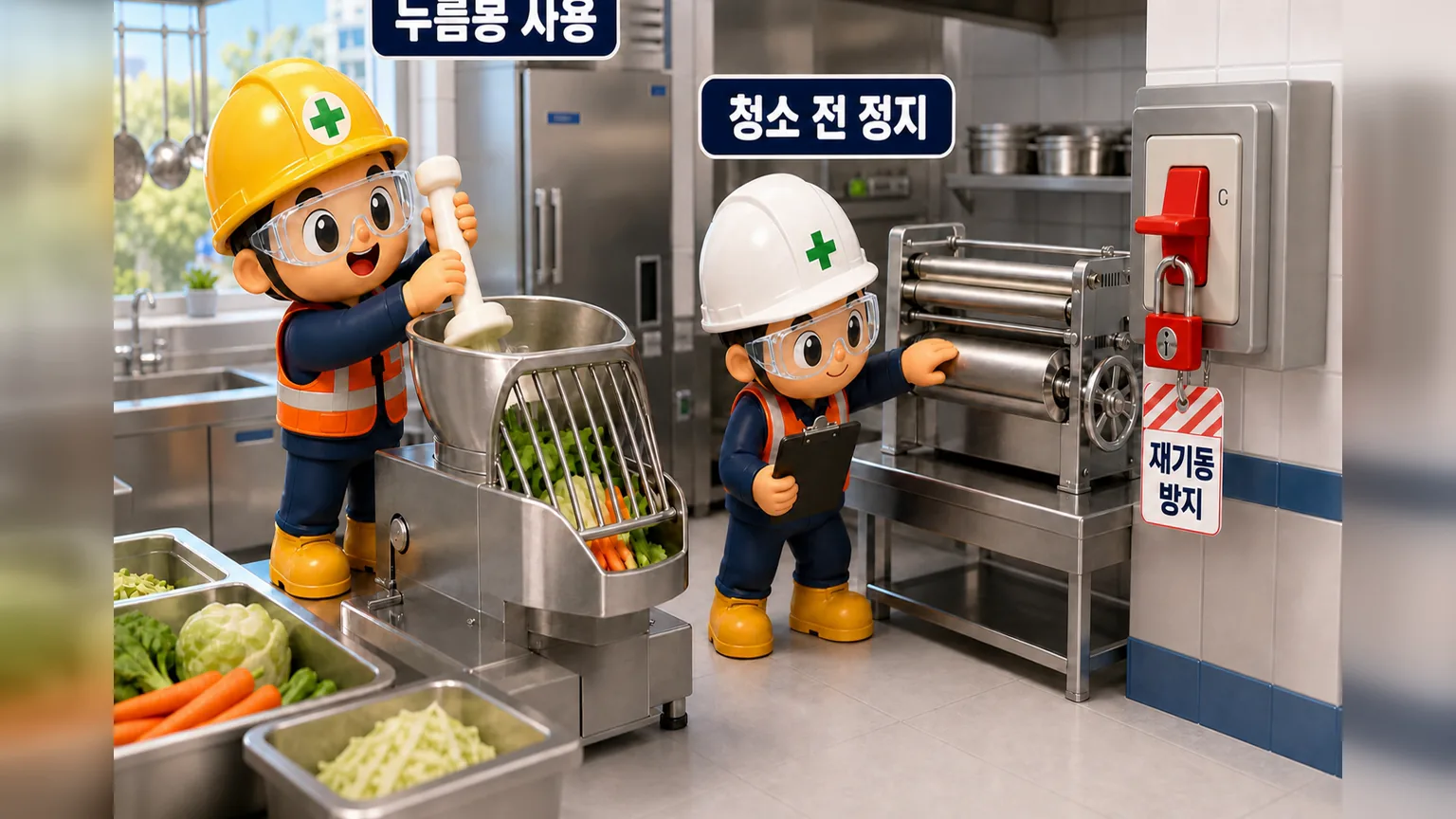 급식실 조리기계 안전 작업자가 누름봉을 사용하고 청소 전 동력을 차단해 재기동을 막는 장면