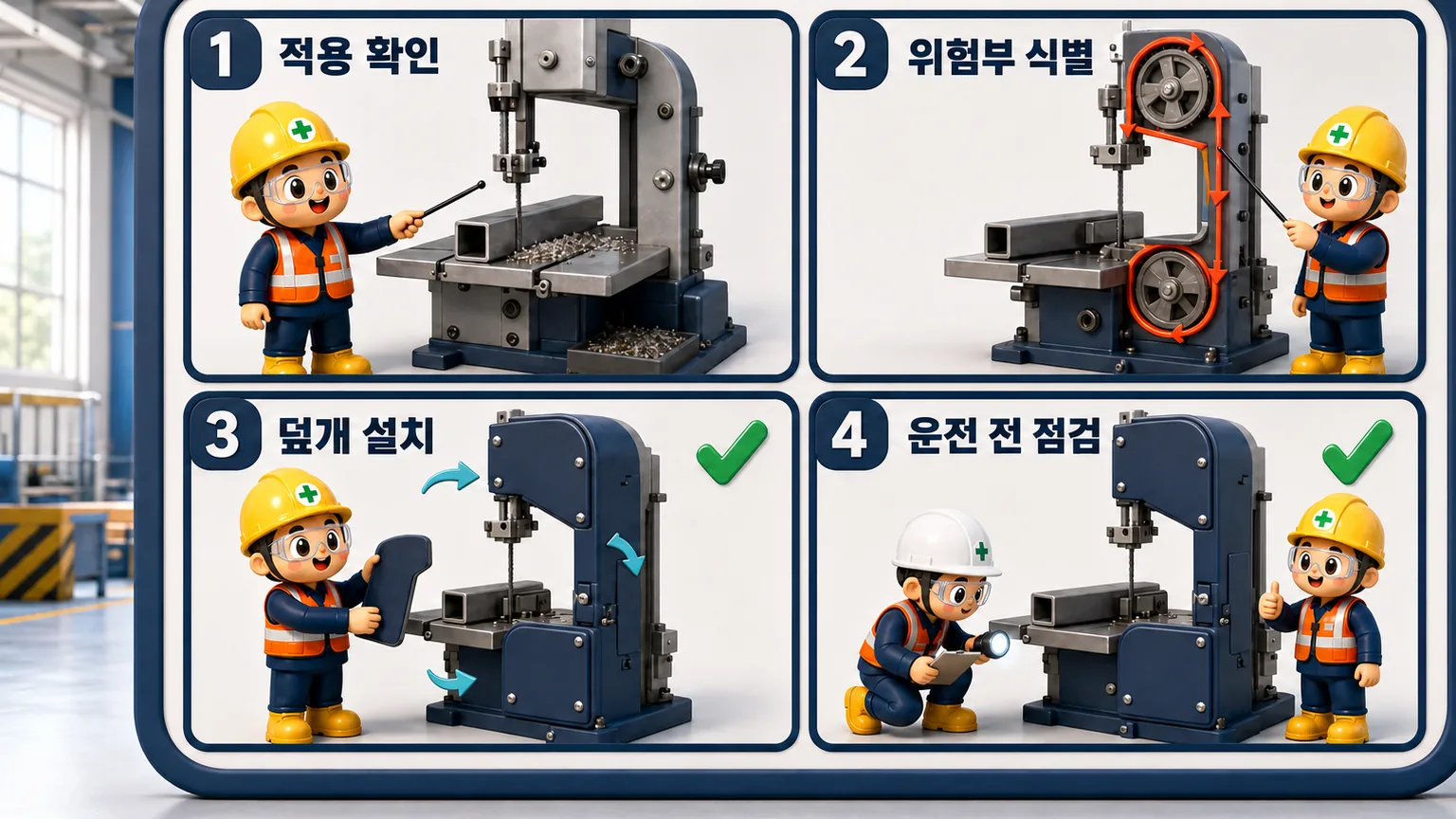 띠톱기계 적용 확인부터 위험부 식별, 덮개 설치, 운전 전 점검까지의 4단계 흐름