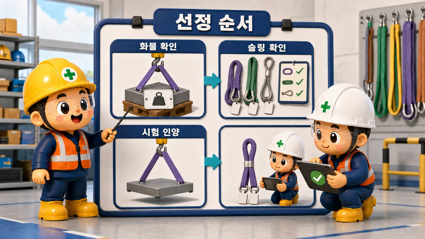 벨트 슬링 허용하중 판단을 위해 화물, 슬링 표시와 낮은 시험 인양을 순서대로 확인하는 장면