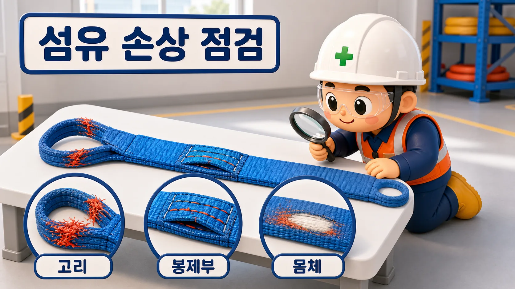 고리 봉제부 몸체를 펼쳐 섬유 손상을 확인하는 벨트 슬링 점검 장면