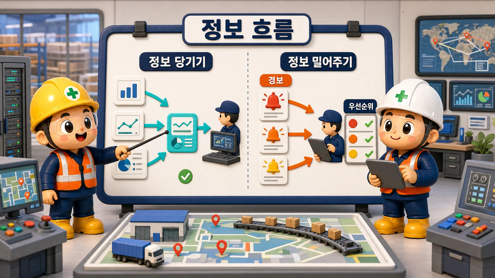 직접 찾는 정보와 자동으로 도착하는 경보 사이에서 우선순위를 조정하는 제어실 작업자