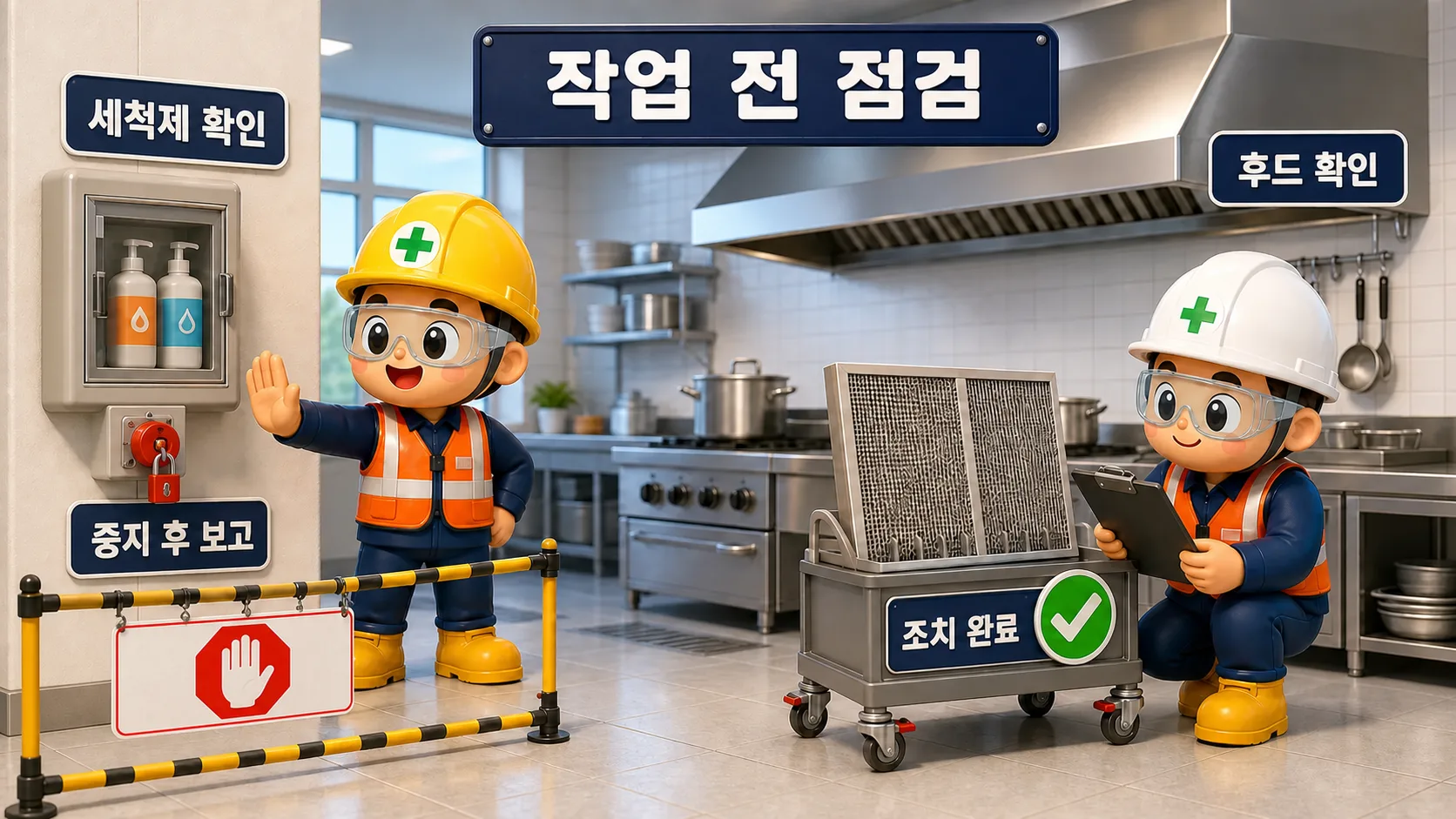 급식실 작업 전 세척제와 후드 상태, 중지 후 보고와 조치 완료를 확인하는 현장 점검 장면