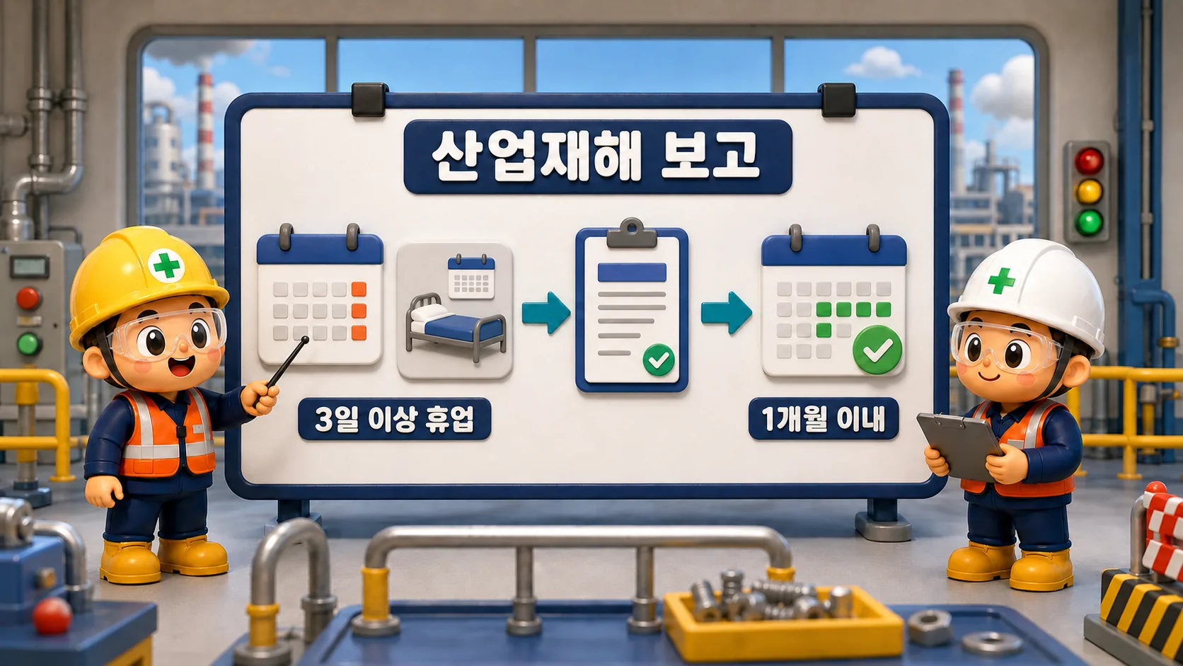 산업재해 기록과 보고에서 3일 이상 휴업과 발생일부터 1개월 이내 제출기한을 확인하는 장면