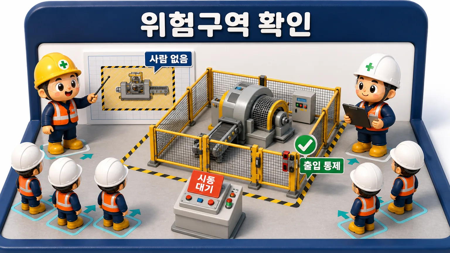 운전 전 확인에서 방호울 안쪽과 작업자 위치를 확인하고 위험구역 출입을 통제하는 장면