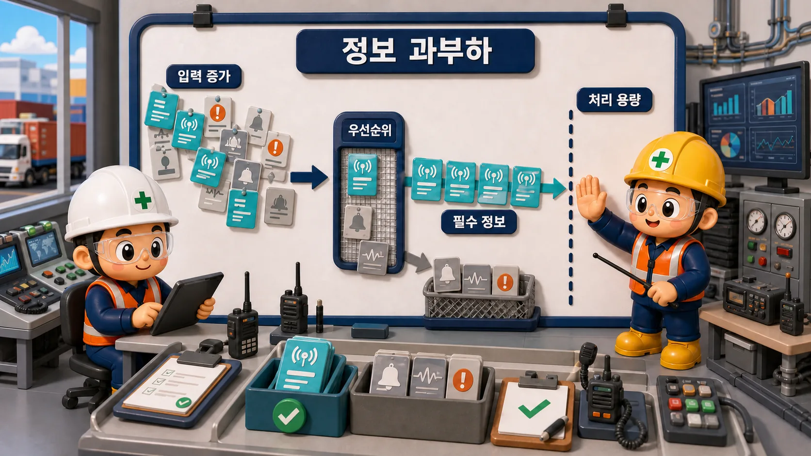 경보와 문서와 무전이 처리 능력을 넘을 때 필수 정보를 우선하는 구조