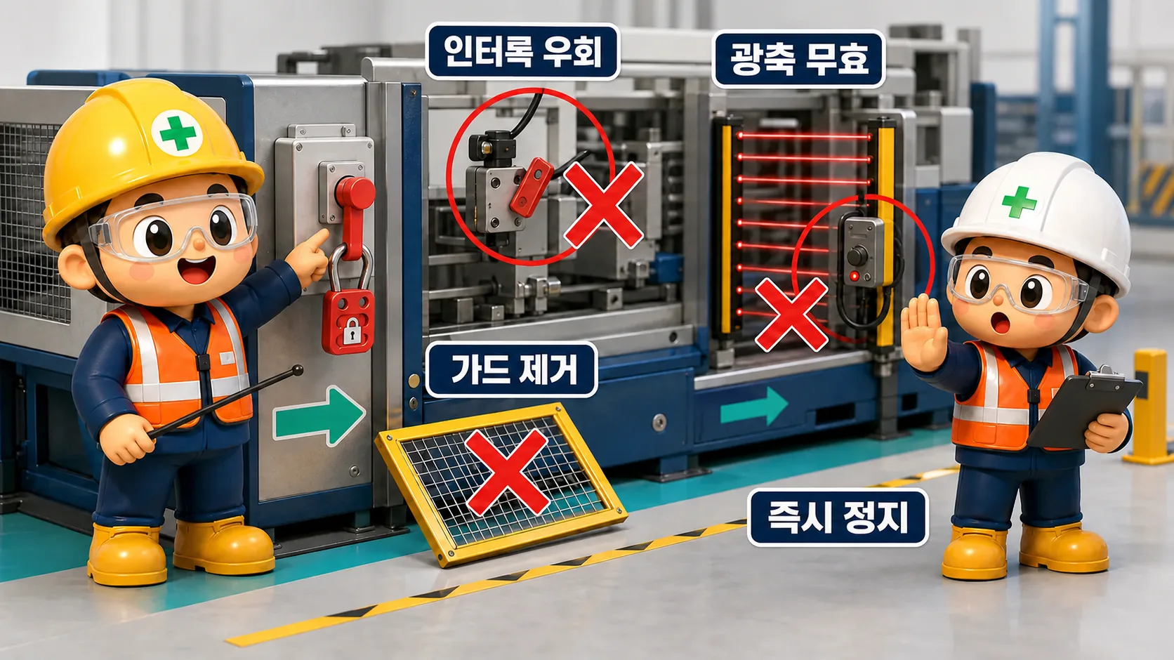 방호장치 가드 제거와 인터록·광전자식 장치 무력화 위험을 점검하는 장면