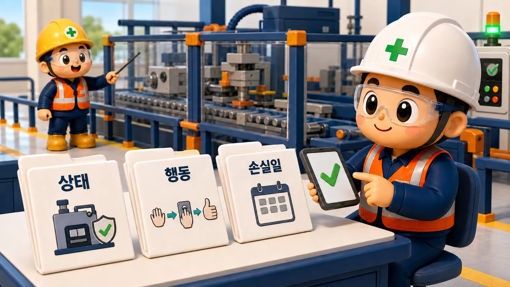 불안전한 상태와 행동 및 근로손실일을 근거자료로 교차 확인하는 산업재해 원인 기록 점검 장면