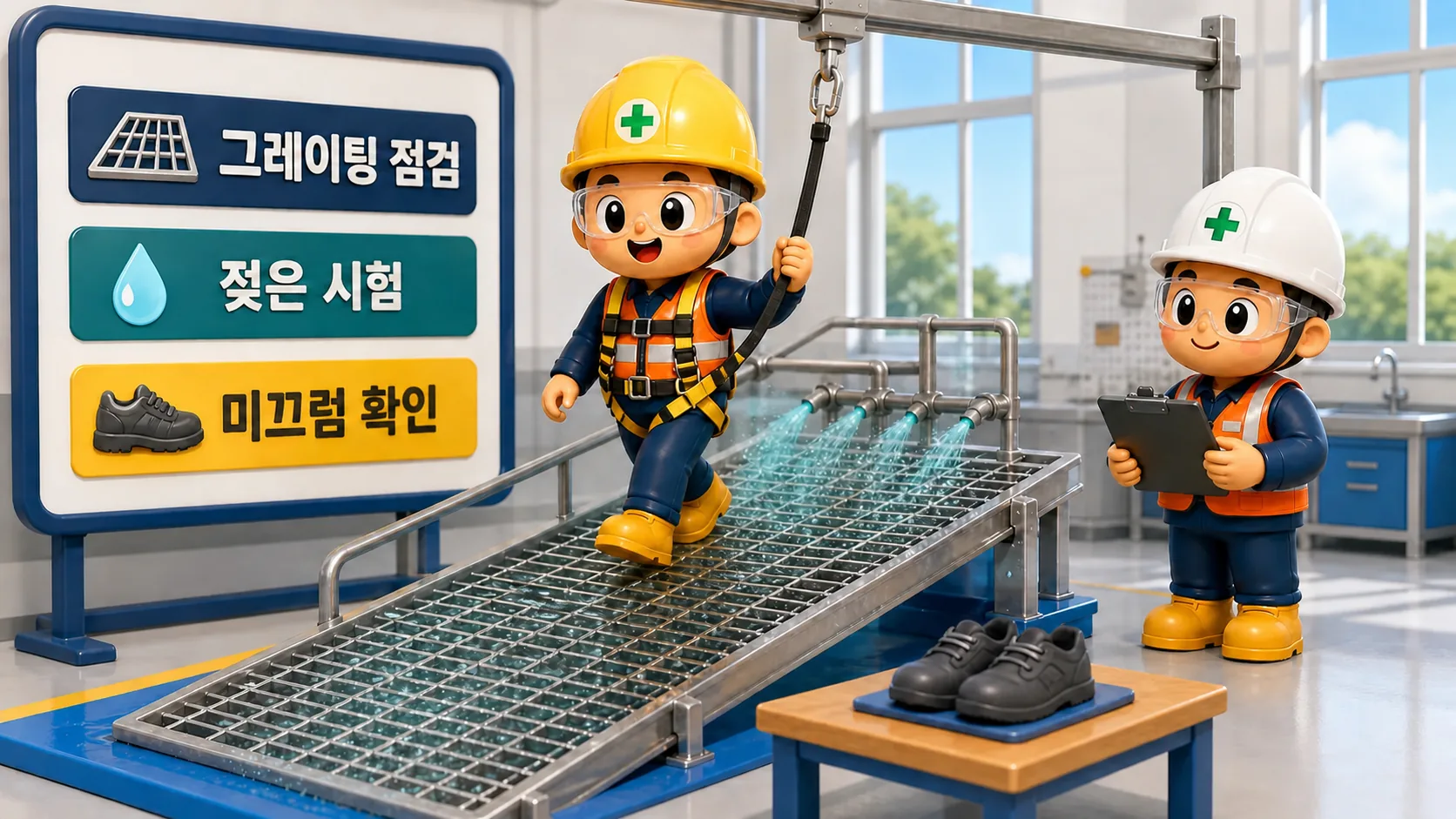 급식실 배수로 그레이팅을 젖은 상태의 HSL Ramp Test로 점검하는 장면