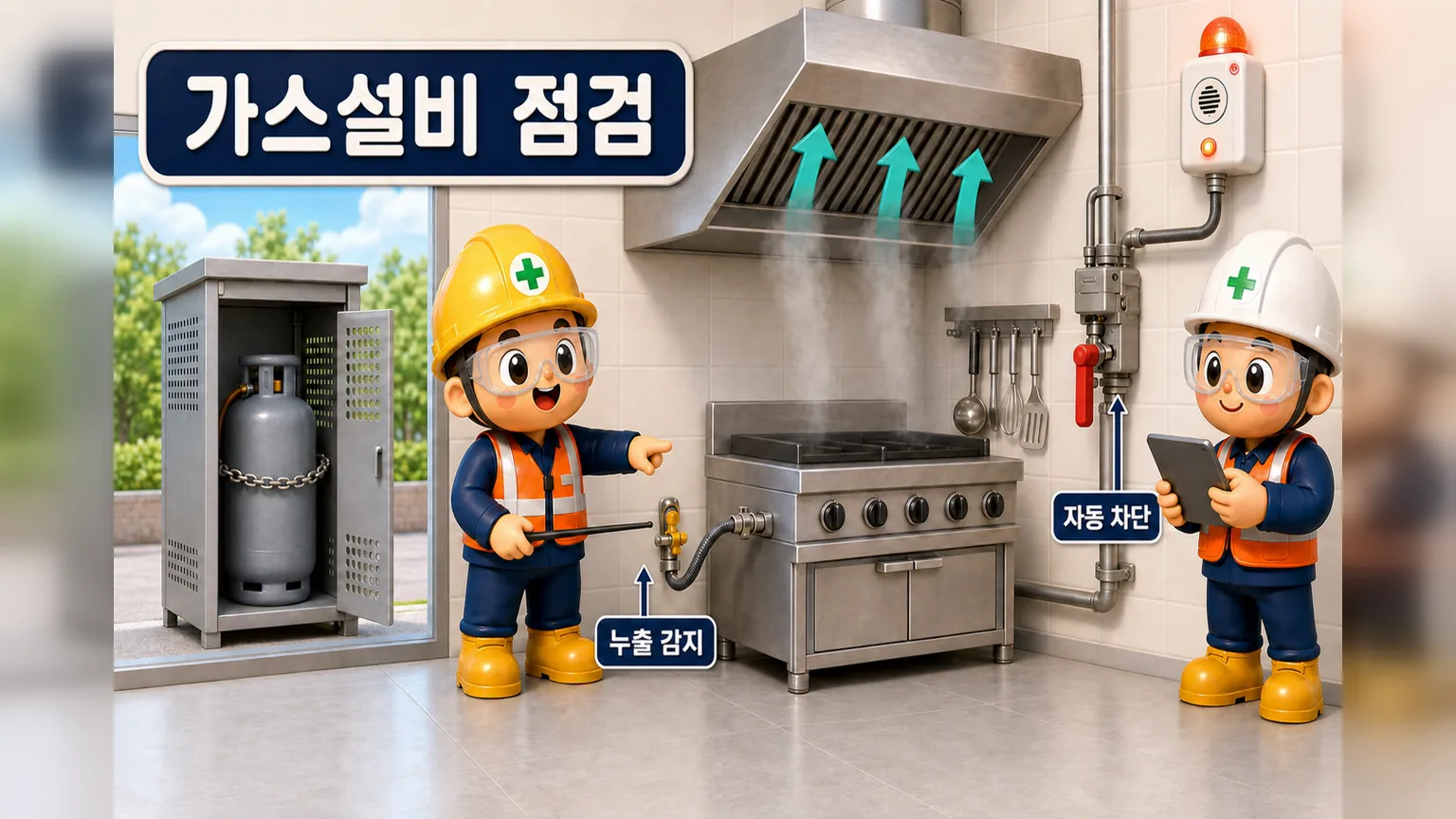 급식실 조리기계 안전 점검자가 가스 누출감지기와 자동차단장치, 배관과 환기후드를 확인하는 장면