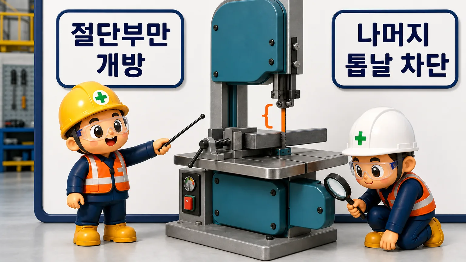 띠톱기계 절단부만 개방하고 나머지 톱날 경로를 차단한 방호 범위