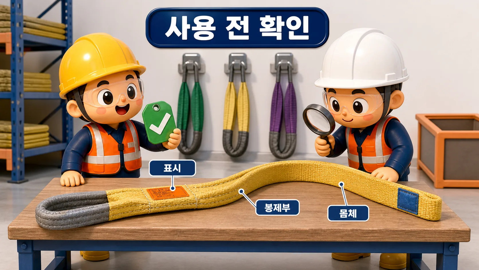 벨트 슬링의 표시, 봉제부와 몸체를 사용 전에 확인하는 클레이 카툰 점검 장면