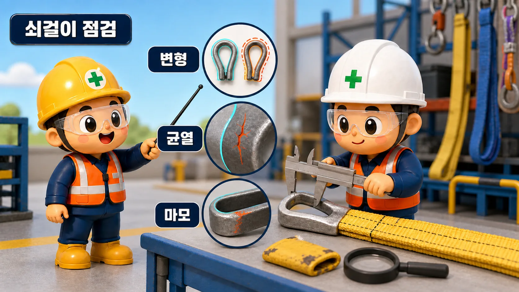 쇠걸이의 변형 균열 마모와 밑받침 상태를 확인하는 현장 점검 장면