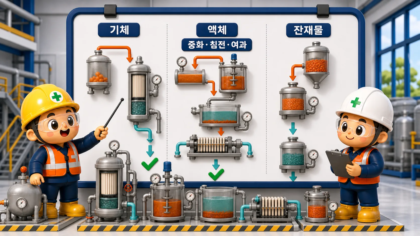 잔재물 처리 대상의 기체·액체·고형 상태와 유해성에 맞춰 중화·침전·여과 등 방법을 선택하는 설비도