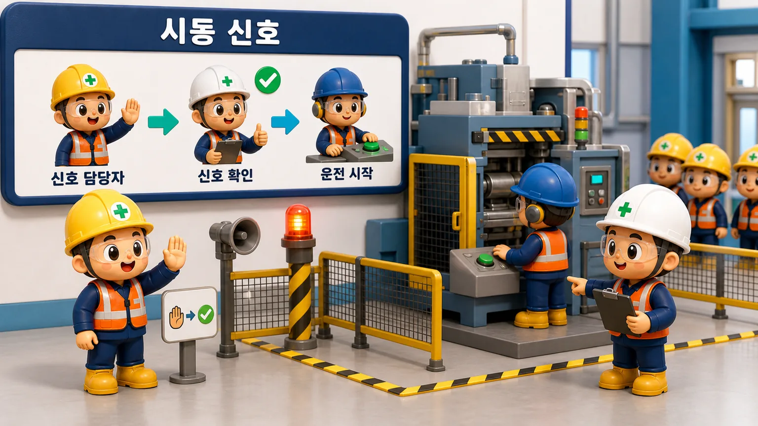 운전 전 확인을 마친 신호 담당자가 작업자 응답을 확인한 뒤 운전자에게 시동 신호를 보내는 장면