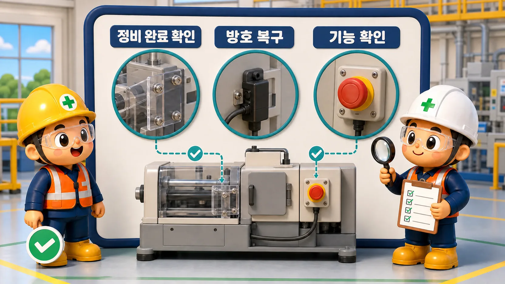 정비 완료 뒤 방호장치 복원, 체결 상태와 기능을 확인하는 고장 기계 정비 점검 장면