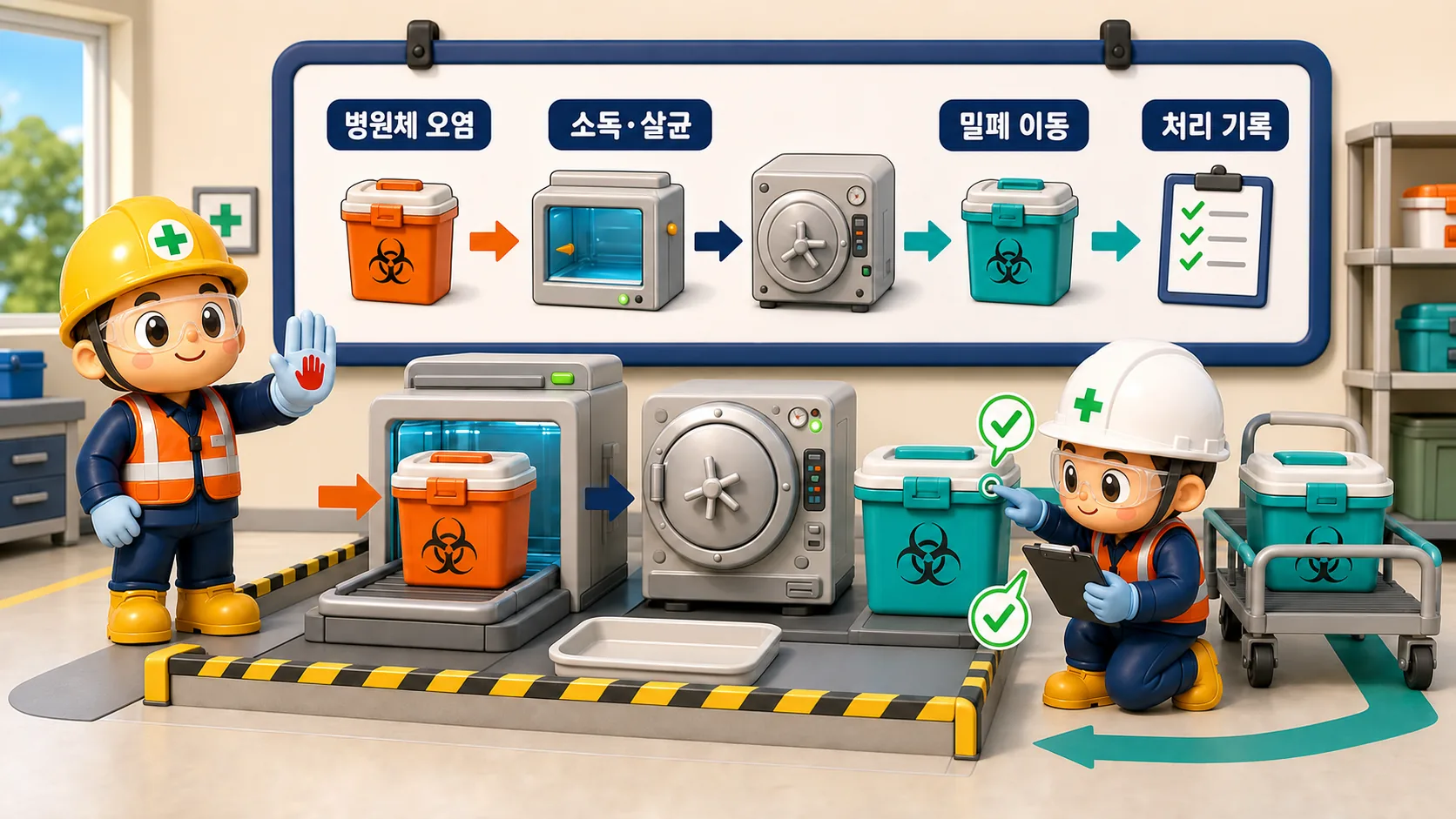 잔재물 처리 과정에서 병원체 오염물을 밀폐 이동해 소독·살균하고 처리기록을 확인하는 모습