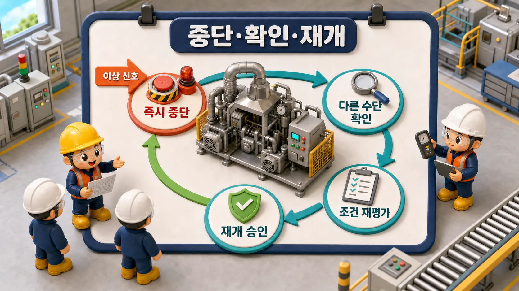 이상 신호부터 중단·다른 수단 확인·재개 승인으로 이어지는 관리 고리