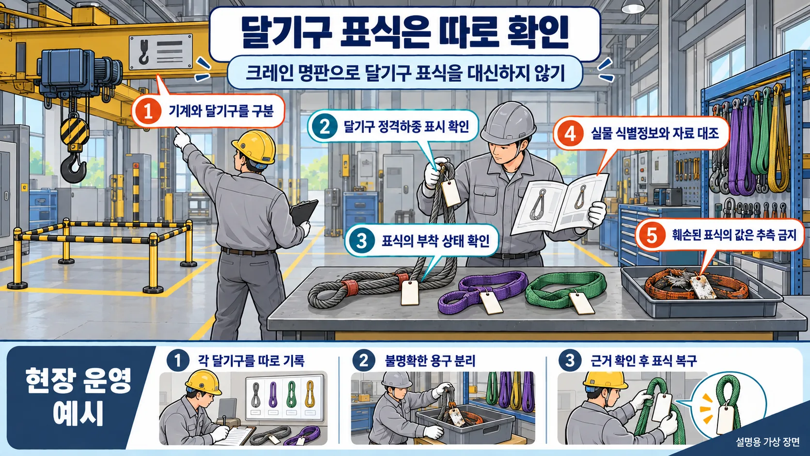 크레인 명판과 달기구 표식을 따로 대조하는 하중 표시 점검