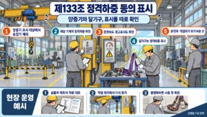 제133조(정격하중 등의 표시): 양중기와 달기구의 표시 내용을 나누고 작업자가 읽을 수 있는 위치에 부착합니다.