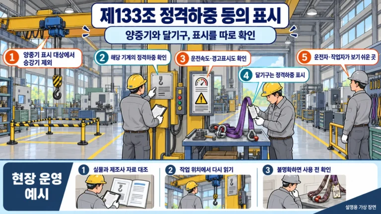 제133조(정격하중 등의 표시): 양중기와 달기구의 표시 내용을 나누고 작업자가 읽을 수 있는 위치에 부착합니다.