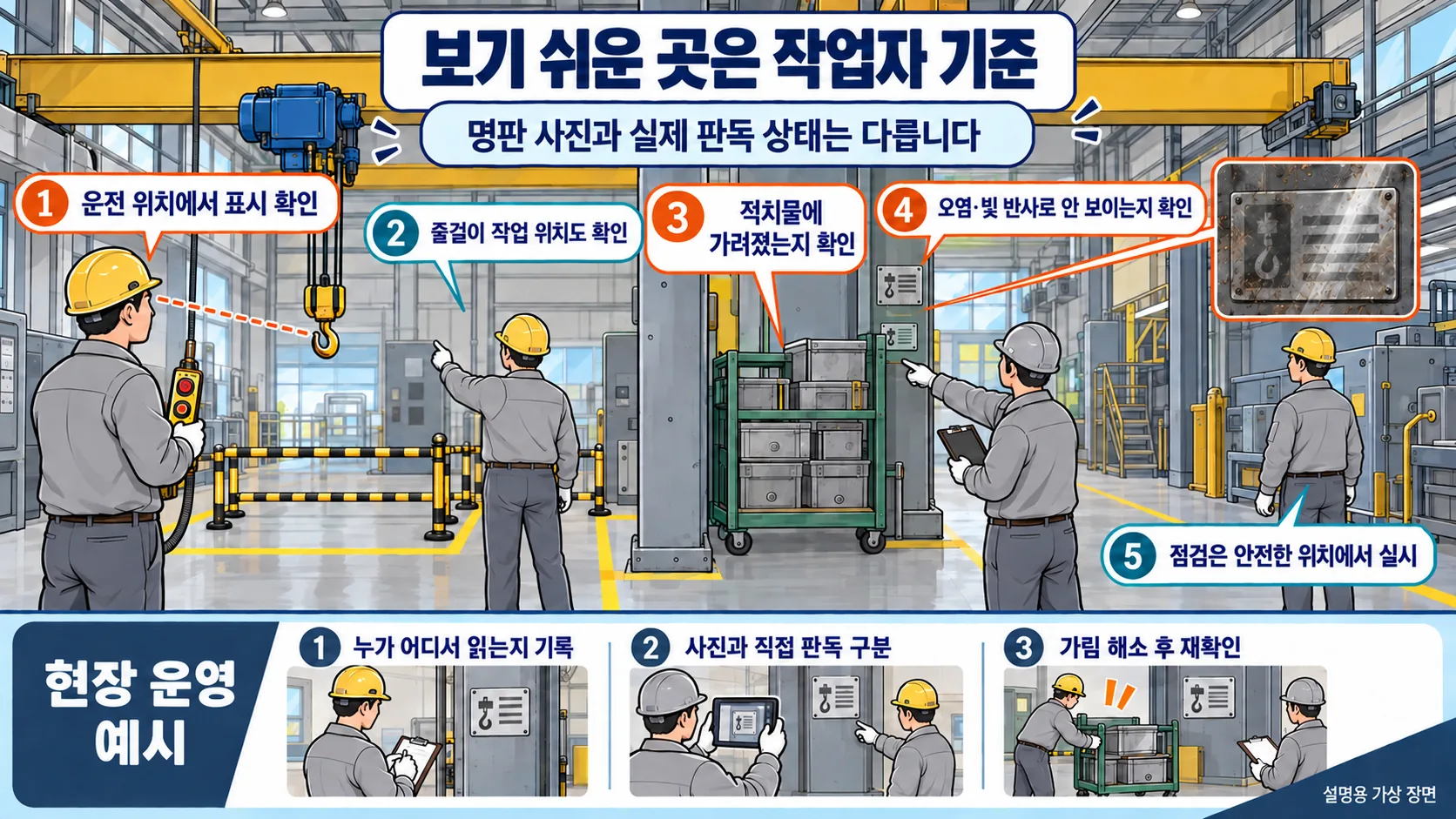 실제 작업 위치에서 명판의 가림과 판독 여부를 비교하는 점검 예시