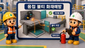 용접 불티 화재예방을 위해 가연물 제거, 불티 차단과 화재감시를 확인하는 클레이 안전교육 장면