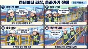 컨테이너 라싱 작업 전 보호된 통로와 라싱 브리지의 접근설비를 확인하는 네 컷 만화