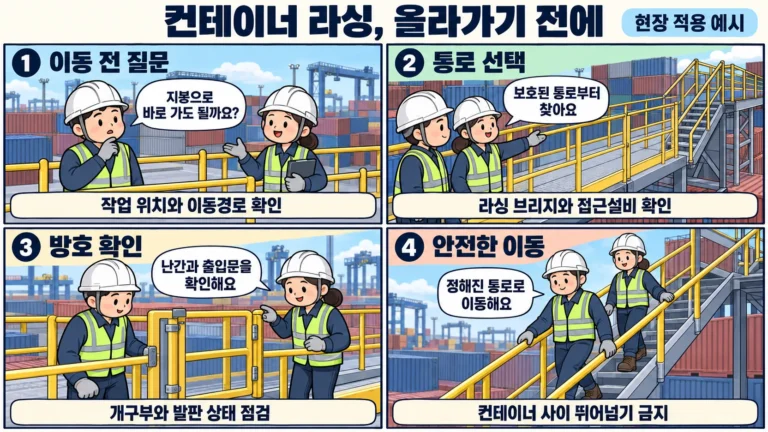 컨테이너 라싱 작업 전 보호된 통로와 라싱 브리지의 접근설비를 확인하는 네 컷 만화