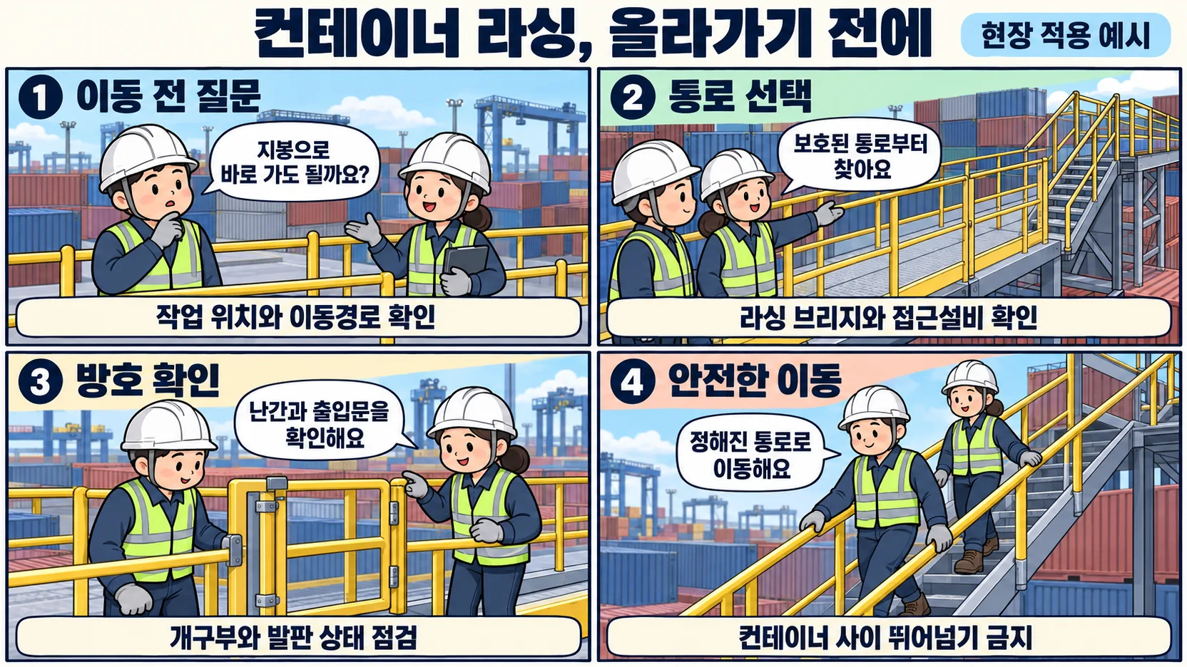 컨테이너 라싱 작업 전 보호된 통로와 라싱 브리지의 접근설비를 확인하는 네 컷 만화