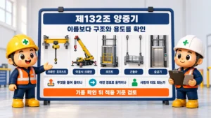 제132조(양중기): 설비의 구조와 용도를 확인한 뒤 기종별 적용 기준을 연결합니다.