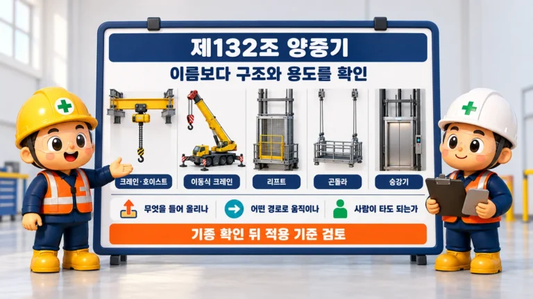제132조(양중기): 설비의 구조와 용도를 확인한 뒤 기종별 적용 기준을 연결합니다.