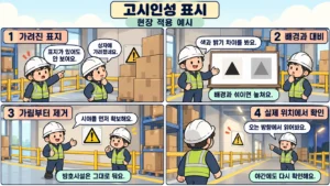 고시인성 표시의 가림과 배경 대비를 개선하고 실제 접근 위치에서 확인하는 4컷 만화
