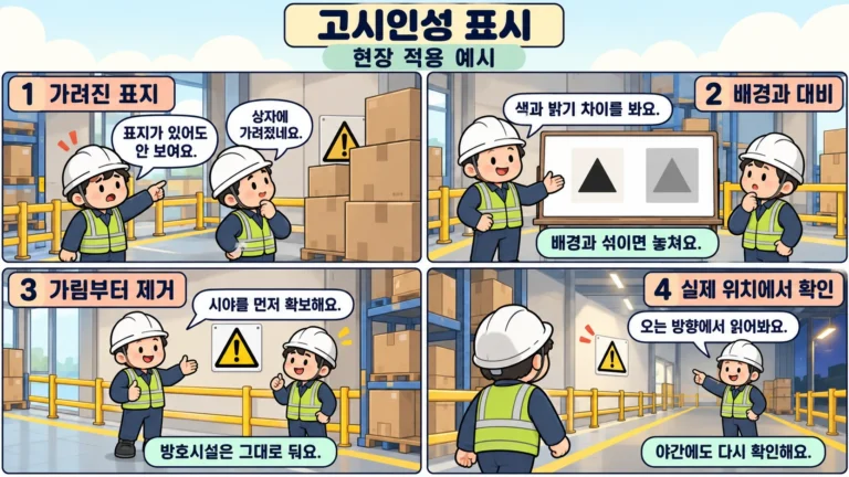고시인성 표시의 가림과 배경 대비를 개선하고 실제 접근 위치에서 확인하는 4컷 만화