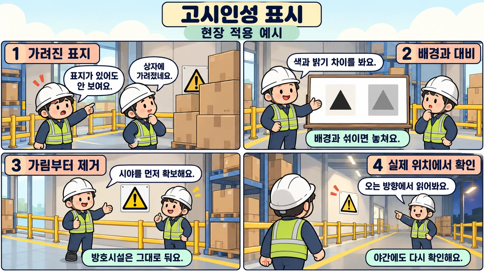 고시인성 표시의 가림과 배경 대비를 개선하고 실제 접근 위치에서 확인하는 4컷 만화