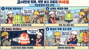 고시인성 의복의 낮과 밤 기능을 구분하고 작업환경에 맞게 선택하는 4컷 만화